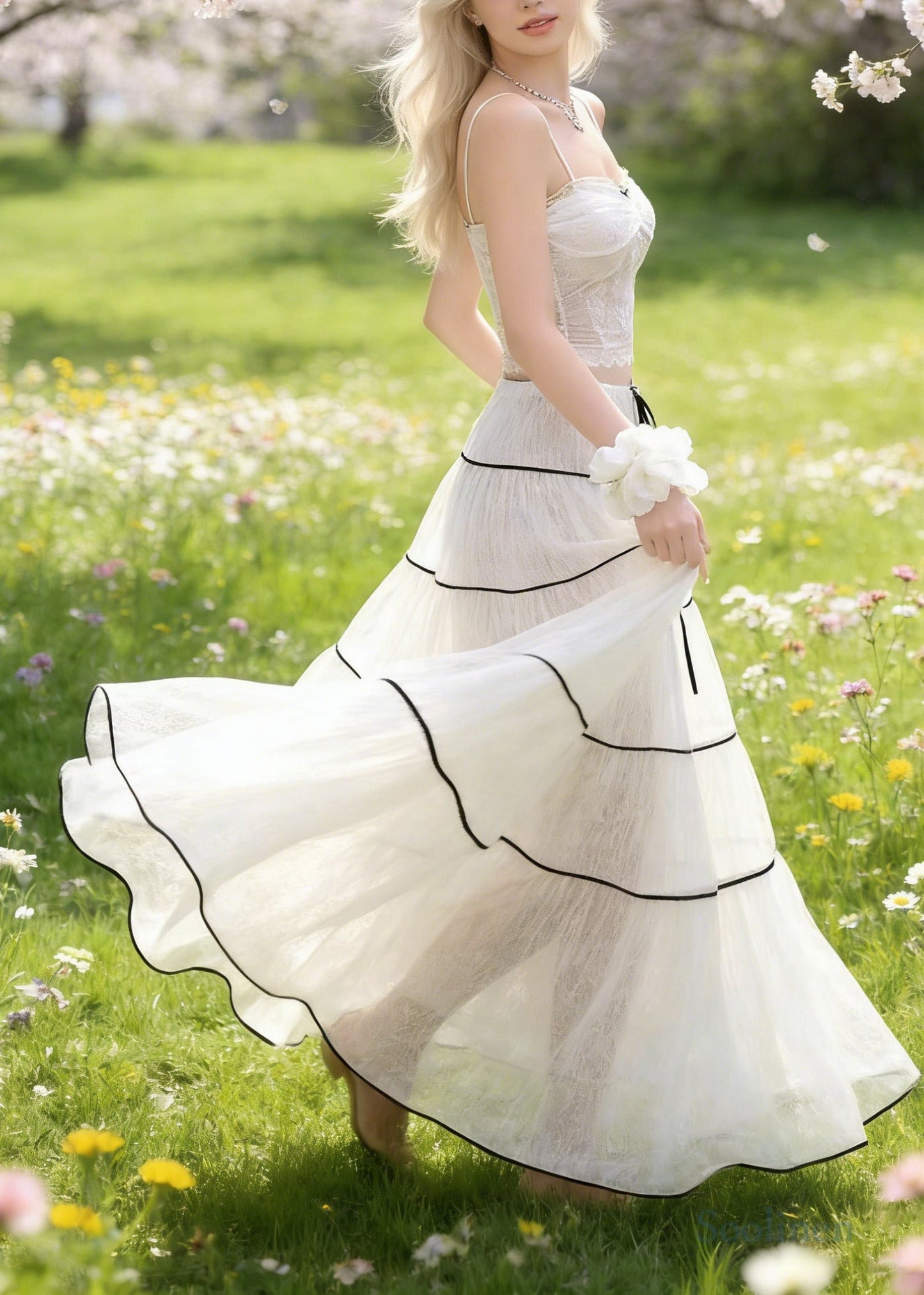 White Tie Waist Exra Large Hem Tulle Skirts Spring