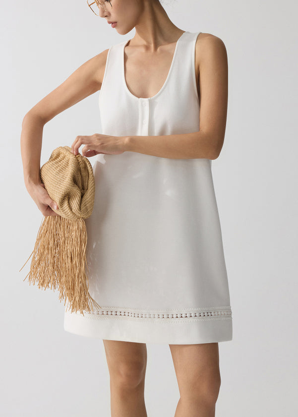 White U Neck Hollow Out Cotton Mini Dress Summer
