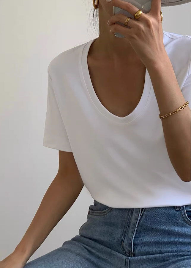 White U Neck Simple Cotton T Shirt Summer