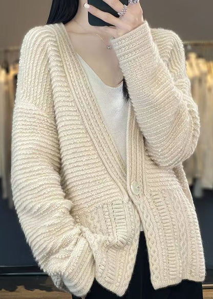 White V Neck Button Woolen Cable Knit Coats Spring