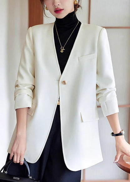 White V Neck Cotton Jackets Spring