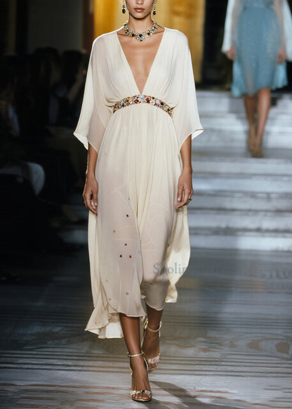 White V Neck Draping Chiffon Vacation Dresses Summer