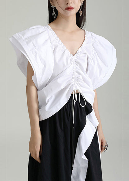 White V Neck Drawstring Patchwork Cotton Top Butterfly Sleeve