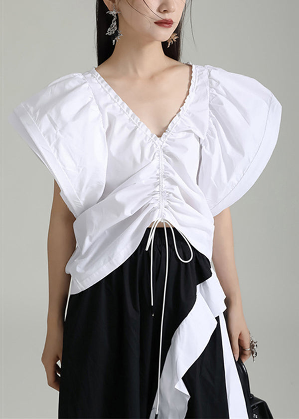 White V Neck Drawstring Patchwork Cotton Top Butterfly Sleeve