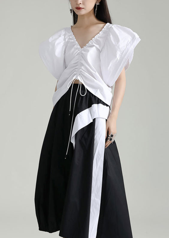 White V Neck Drawstring Patchwork Cotton Top Butterfly Sleeve