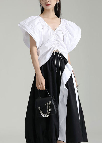 White V Neck Drawstring Patchwork Cotton Top Butterfly Sleeve