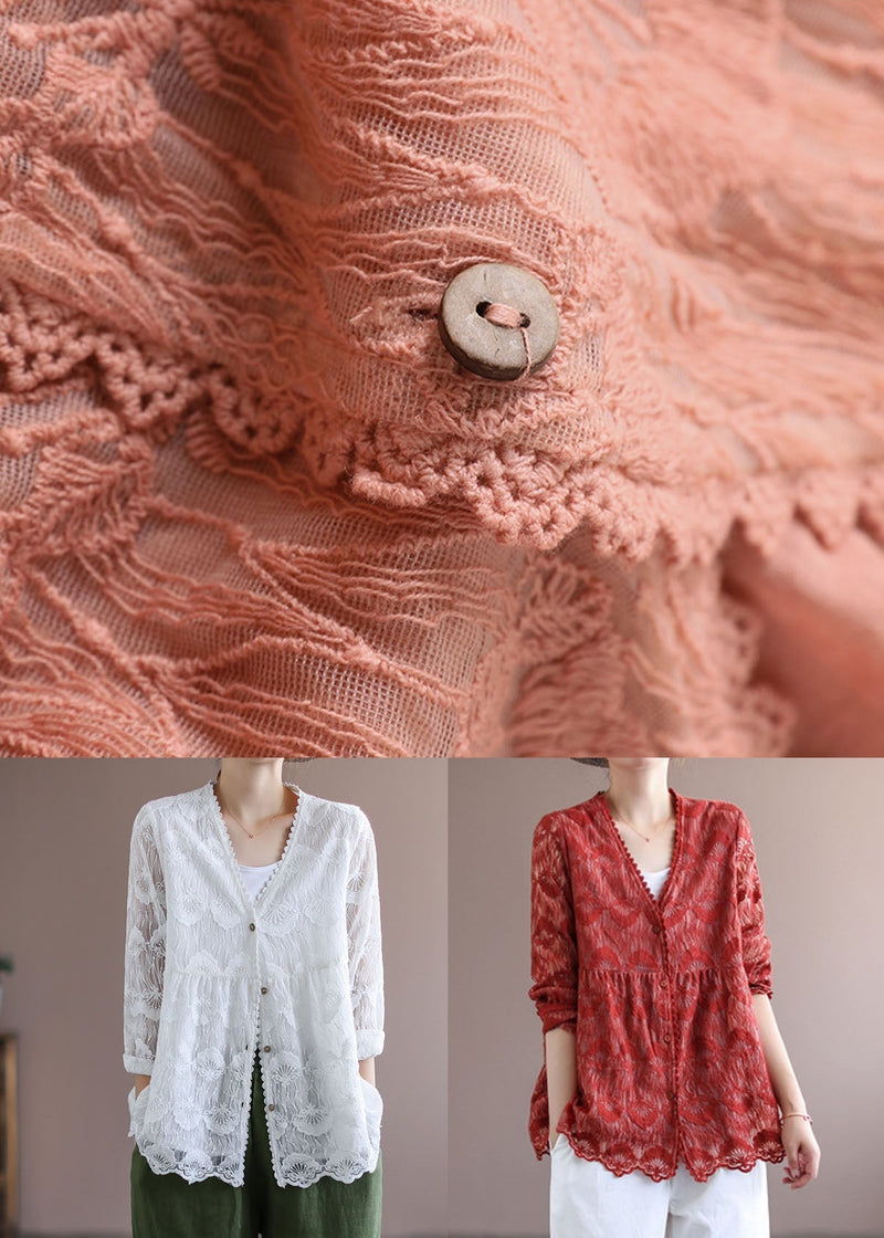 White V Neck Embroideried Lace Cardigans Tops Spring