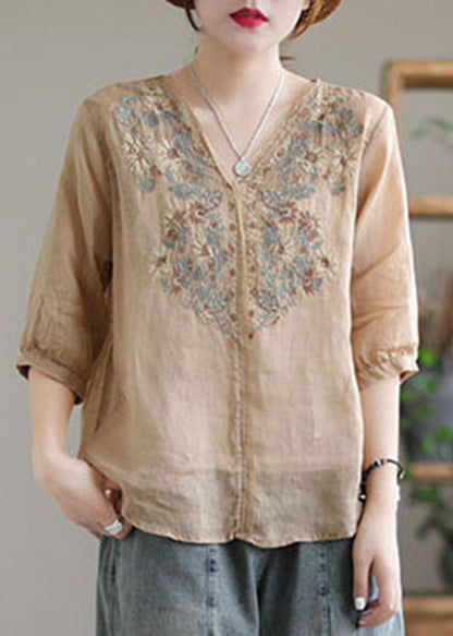 White V Neck Embroideried Linen Blouse Tops Half Sleeve