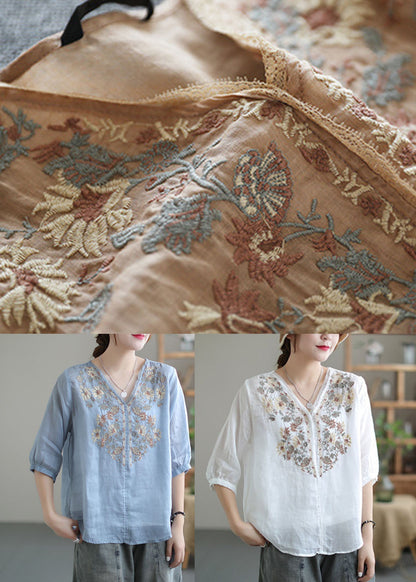 White V Neck Embroideried Linen Blouse Tops Half Sleeve