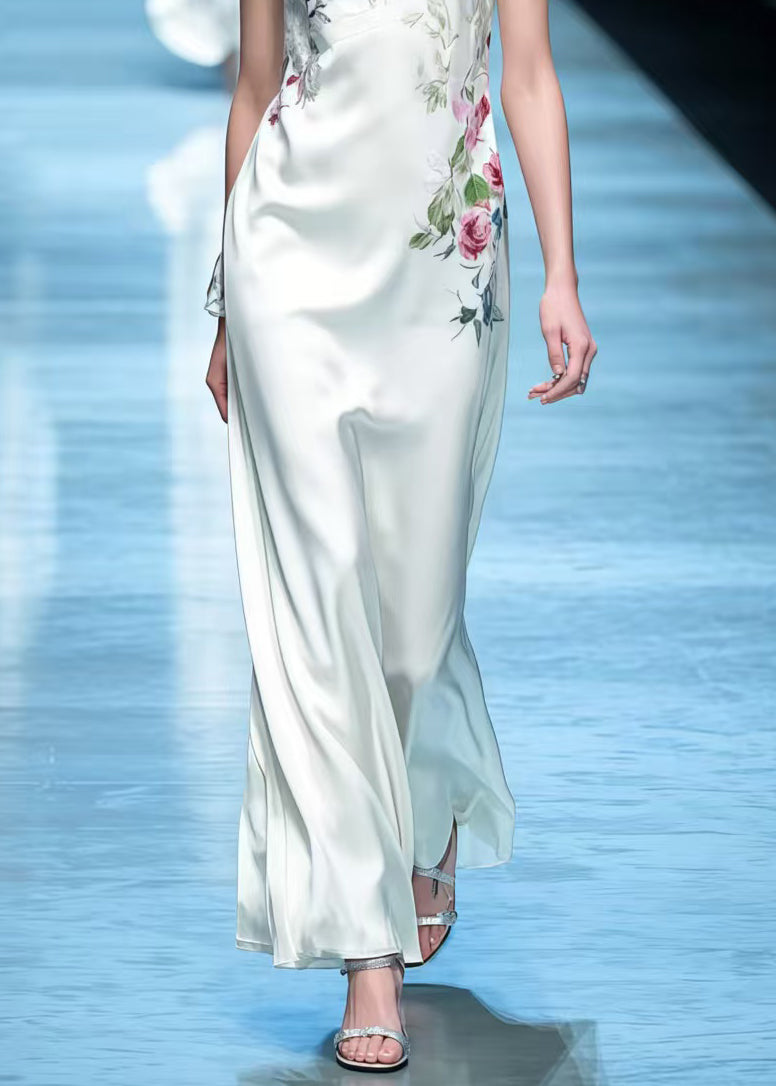 White V Neck Silk Straight Dress Sleeveless