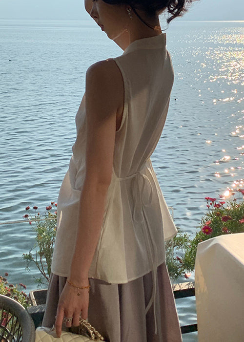 White V Neck Front Open Cotton Blouses Sleeveless