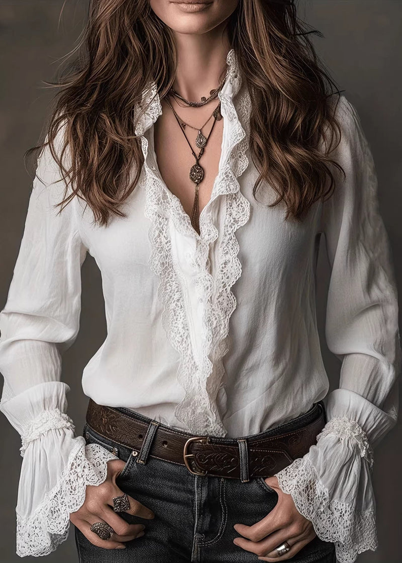 White V Neck Lace Patchwork Cotton Shirts Spring