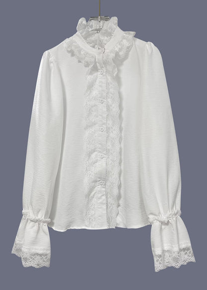 Women White V Neck Lace Patchwork Cotton Shirts Spring