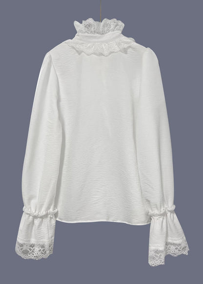 Women White V Neck Lace Patchwork Cotton Shirts Spring