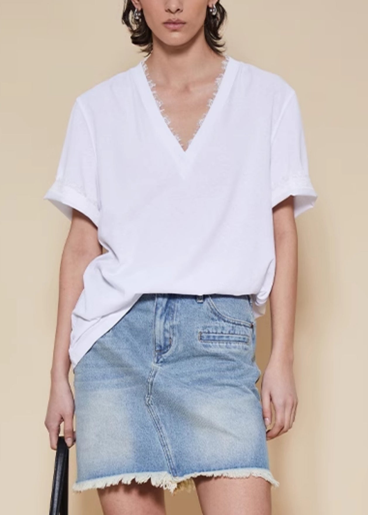 White V Neck Lace Patchwork Cotton T Shirt Summer