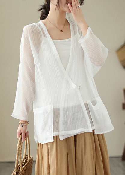 White V Neck Oversized Cotton Upf 50+ Cardigan Summer