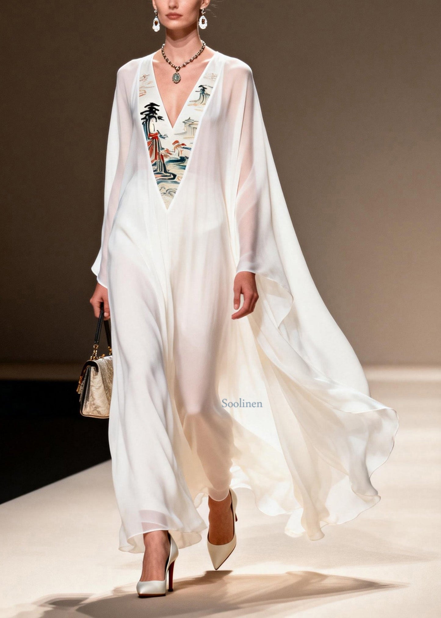 White V Neck Patchwork Chiffon Long Dresses Spring