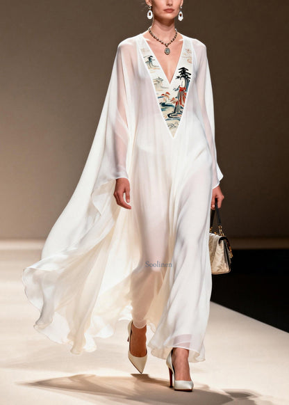 White V Neck Patchwork Chiffon Long Dresses Spring