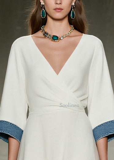White V Neck Patchwork Denim Day Dress Summer