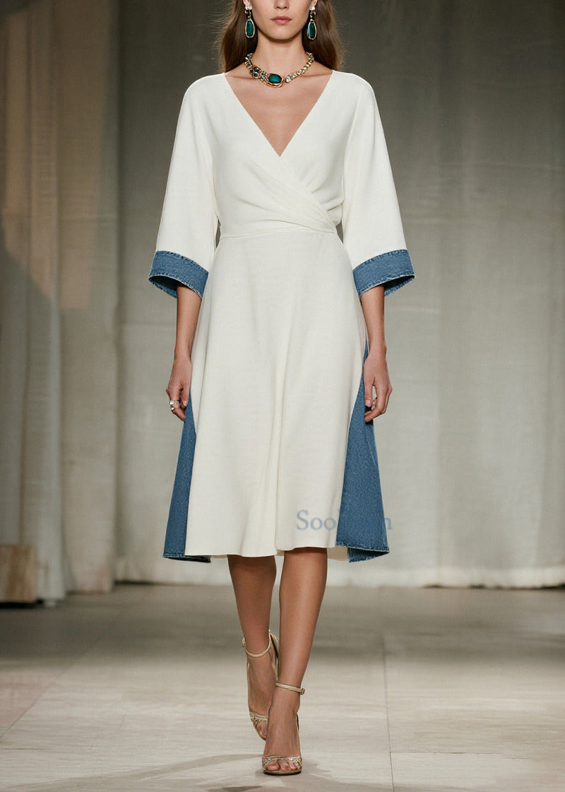 White V Neck Patchwork Denim Day Dress Summer