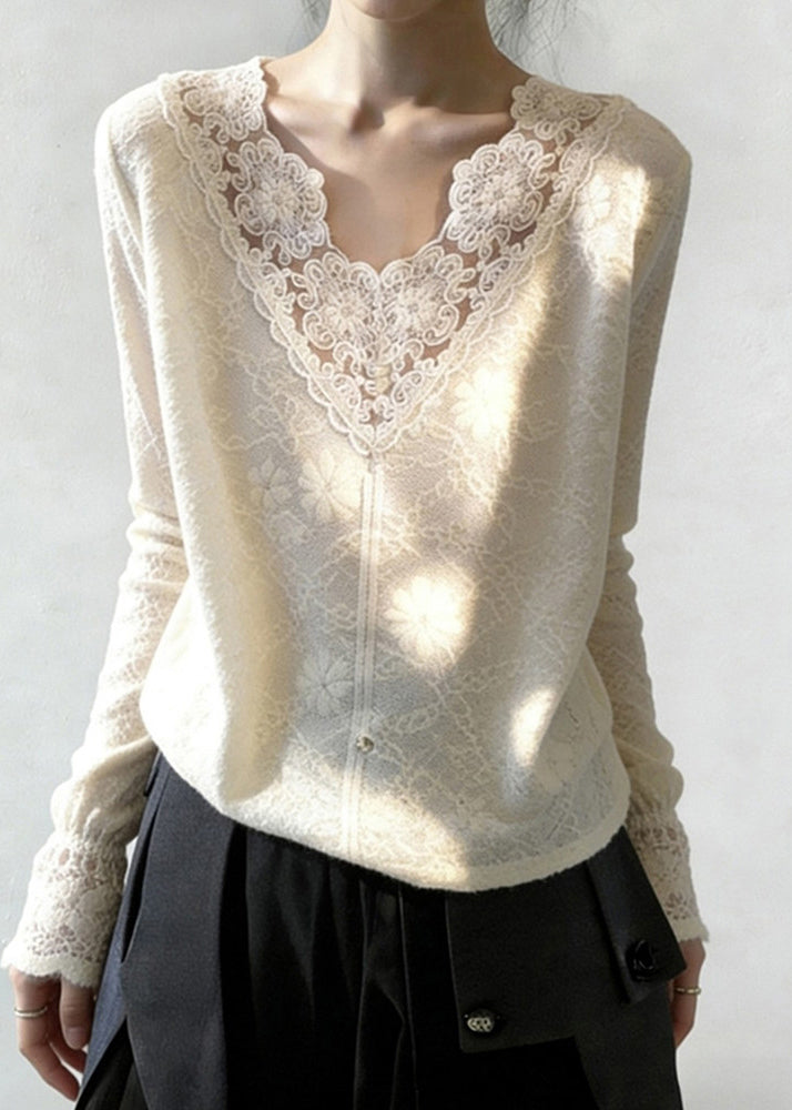 White V Neck Patchwork Jacquard Lace Shirt Tops Spring