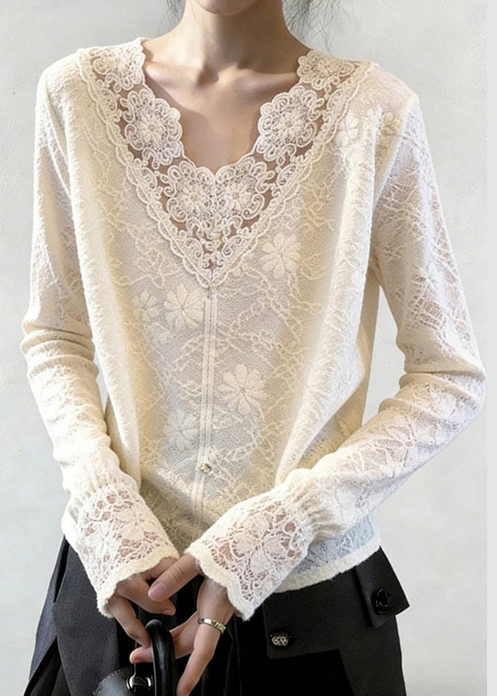 White V Neck Patchwork Jacquard Lace Shirt Tops Spring