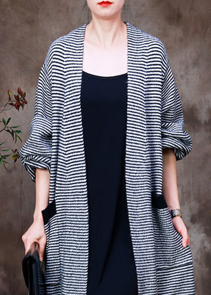 White V Neck Pockets Striped Knit Trench Coats Long Sleeve