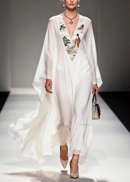 White V Neck Print Patchwork Chiffon Dresses Spring