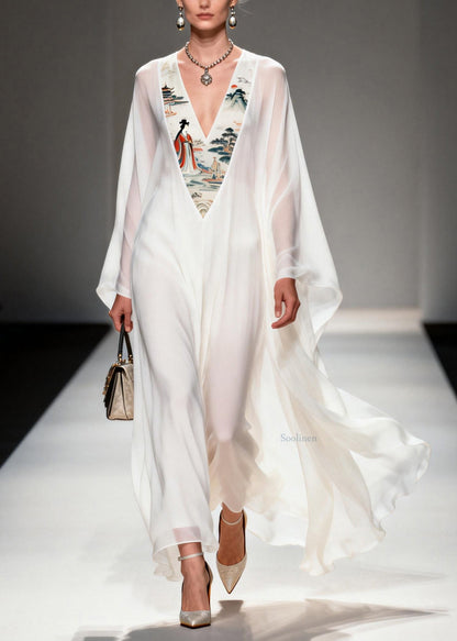 White V Neck Print Patchwork Chiffon Dresses Spring