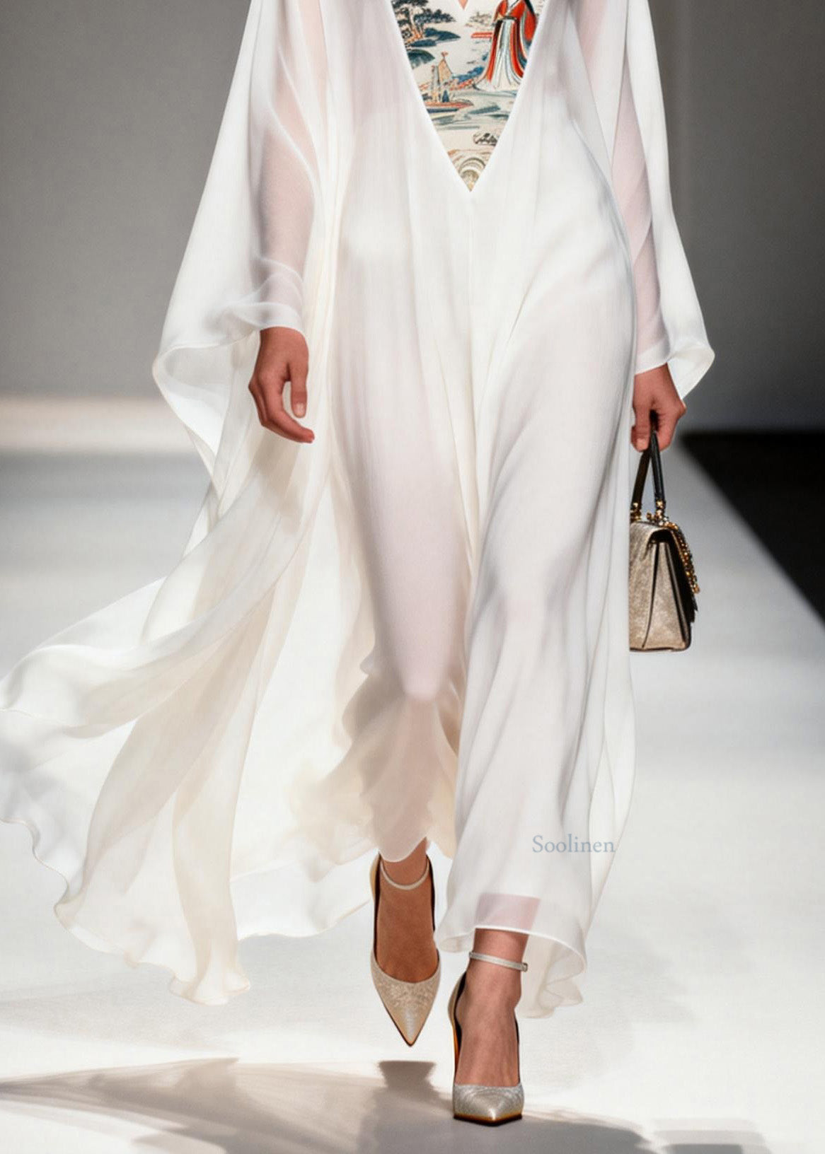 White V Neck Print Patchwork Chiffon Dresses Spring