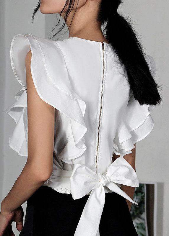 White V Neck Ruffleszippered Summer Top