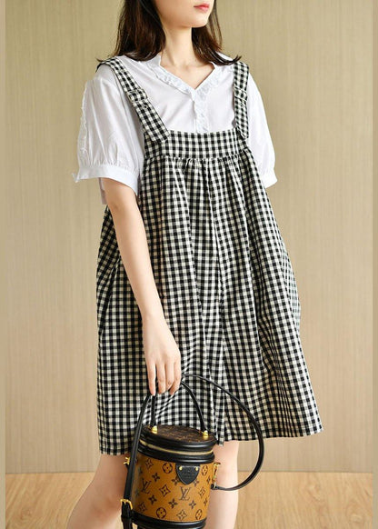 White V Neck Short Sleeve Plaid Carpenter Pants Summer Cotton Two Piece Suit Set