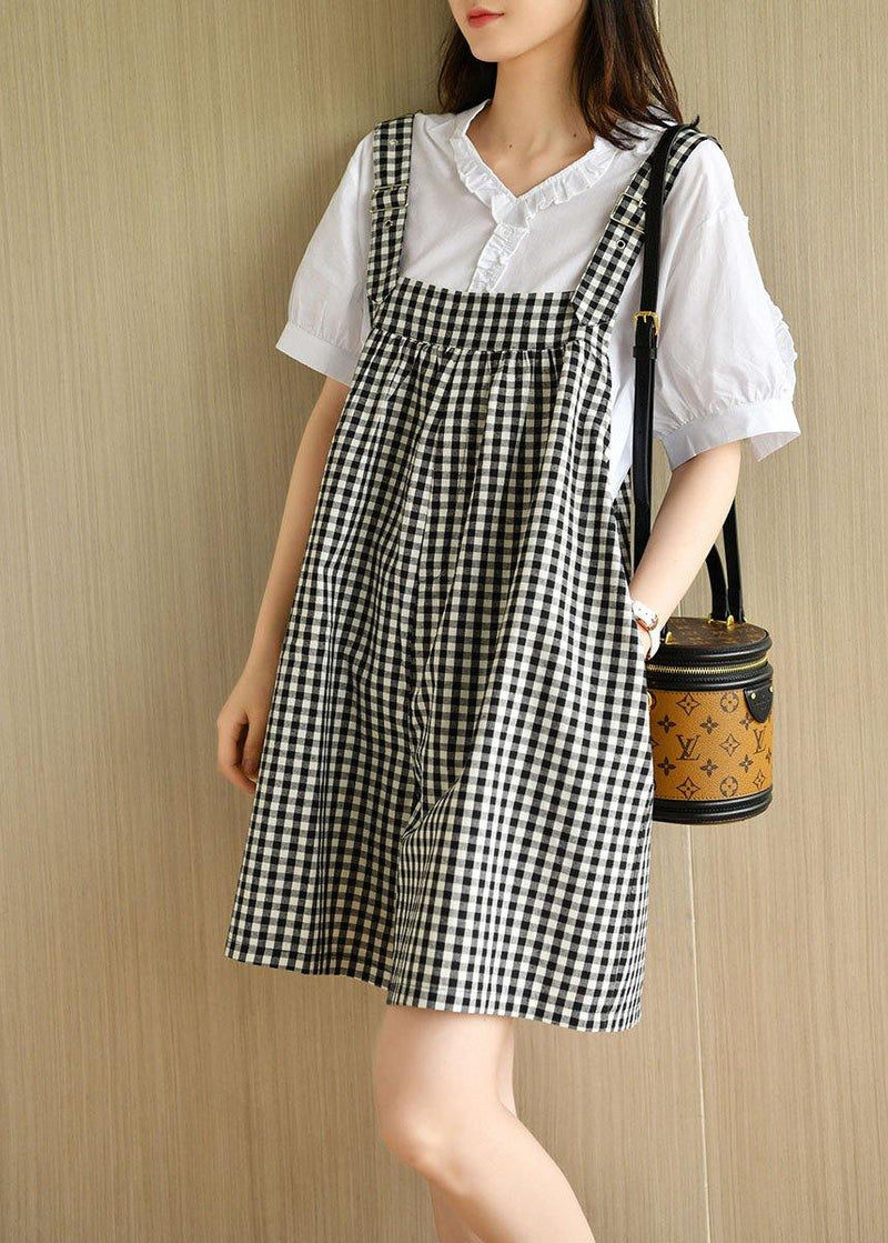 White V Neck Short Sleeve Plaid Carpenter Pants Summer Cotton Two Piece Suit Set