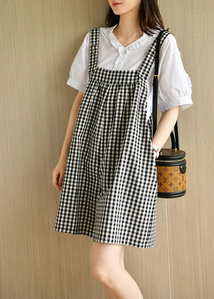 White V Neck Short Sleeve Plaid Carpenter Pants Summer Cotton Two Piece Suit Set