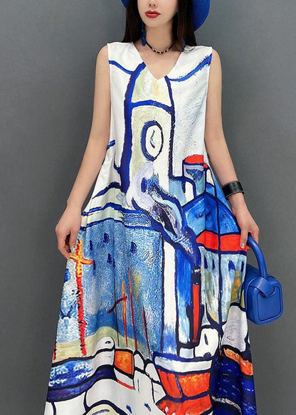White V Neck Tie Dye Chiffon Beach Dresses Summer