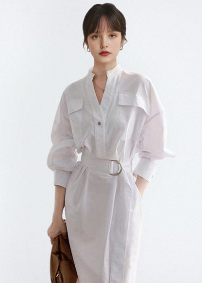 White V Neck Tie Waist Cotton Shirts Dress Fall