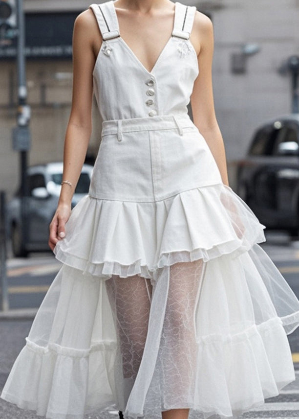 White V Neck Tulle Patchwork Denim Dress Summer