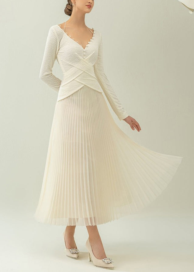 White V Neck Wrinkled Patchwork Cotton Long Dress Fall