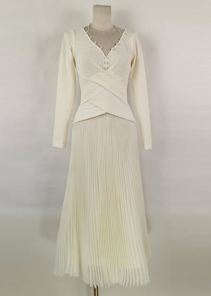 White V Neck Wrinkled Patchwork Cotton Long Dress Fall