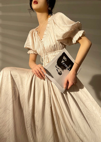 White V Neck Wrinkled Print Silk Maxi Dresses Summer
