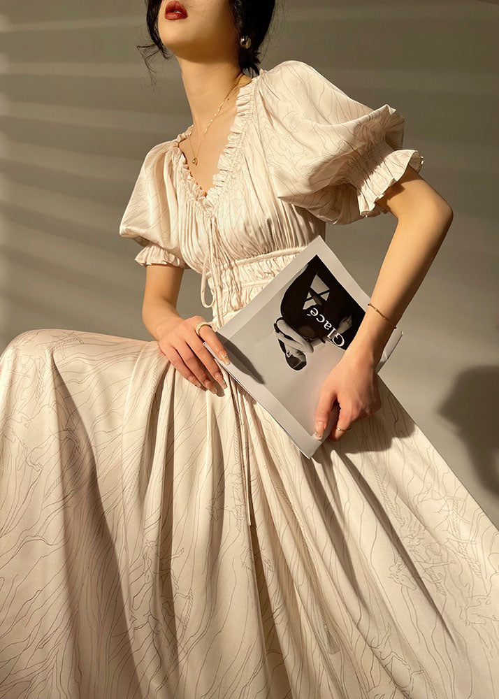 White V Neck Wrinkled Print Silk Maxi Dresses Summer