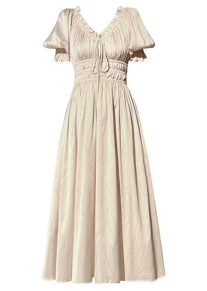 White V Neck Wrinkled Print Silk Maxi Dresses Summer