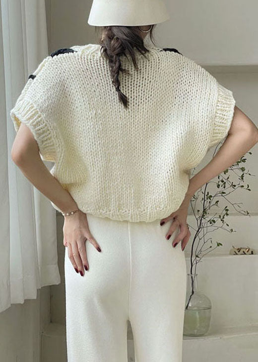 White V Neck Cozy Knit Tank Tops Sleeveless