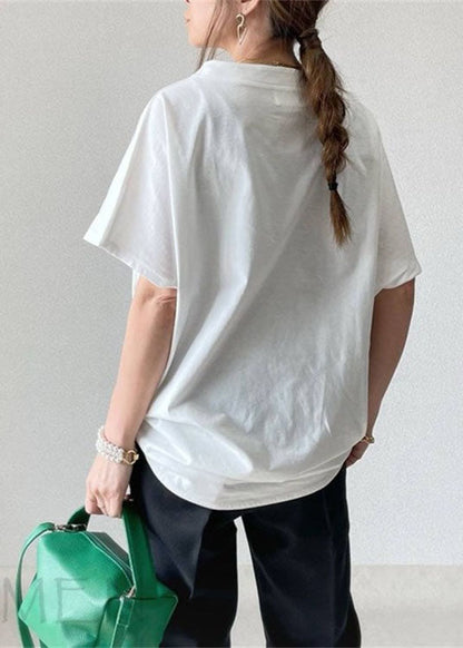White Wrinkled Cotton T Shirt Tops Short Sleeve