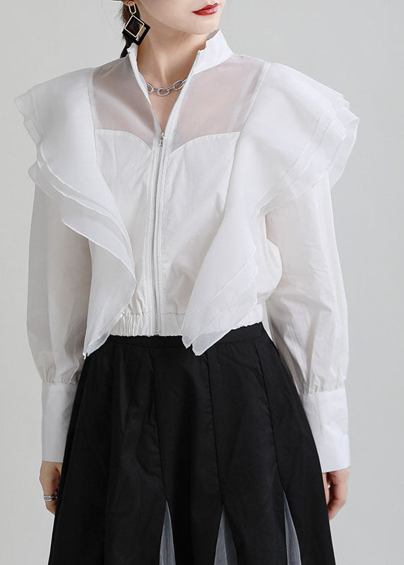White Zip Up Patchwork Ruffled Cotton Shirt Top Fall