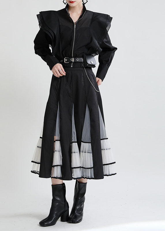 White Zip Up Patchwork Ruffled Cotton Shirt Top Fall