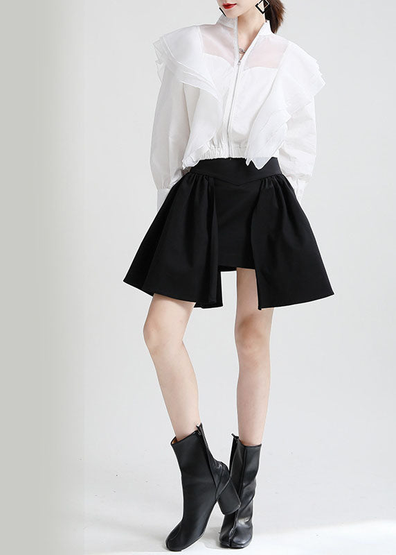 White Zip Up Patchwork Ruffled Cotton Shirt Top Fall