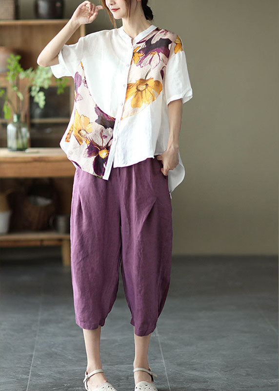 White Asymmetrical Design Print Loose Fall Shirt Half Sleeve