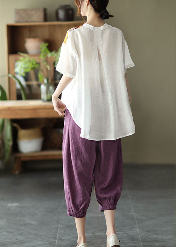 White Asymmetrical Design Print Loose Fall Shirt Half Sleeve