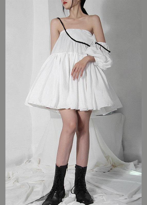 White Asymmetrical Design Puff Sleeve Cold Shoulder Cotton Spaghetti Strap Dress